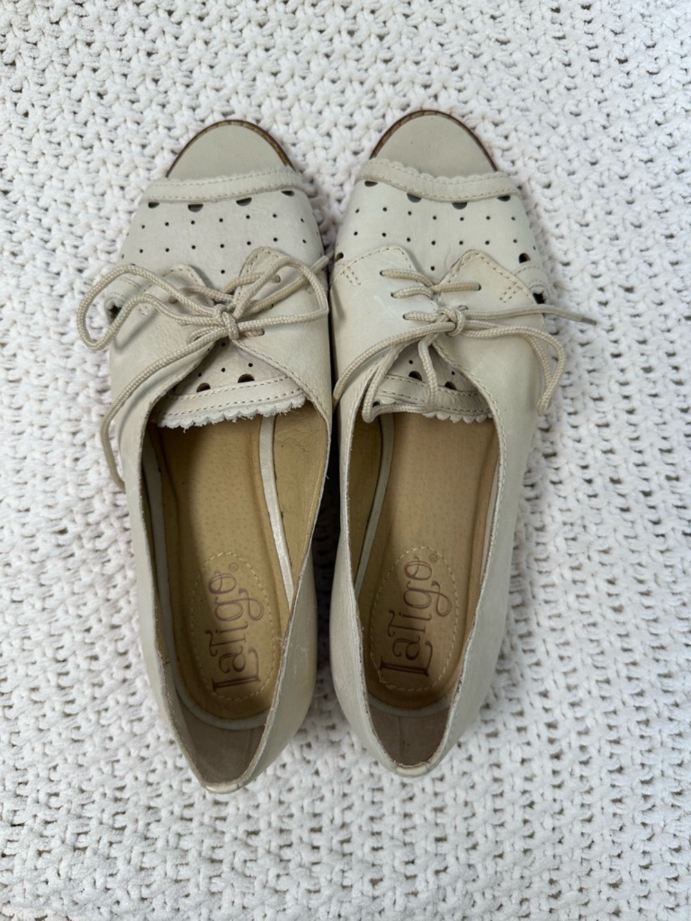Latigo Cream Perforated Lace-Up Peep-Toe Flats